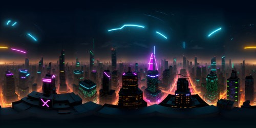VR360 masterpiece, neon-drenched city skyline, streams of hyper-lit skyscrapers. Ultra high res, sparkling city veins, colossal digital billboards, VR360 chromatic aerial view. Anime style, dynamic illumination, lively metropolis panorama.