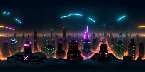 VR360 masterpiece, neon-drenched city skyline, streams of hyper-lit skyscrapers. Ultra high res, sparkling city veins, colossal digital billboards, VR360 chromatic aerial view. Anime style, dynamic illumination, lively metropolis panorama.