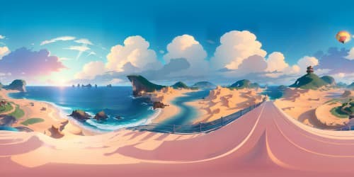 Ultra high-res VR360, Pixar-style: vast, vivid ocean, Thousand Sunny ship foreground, Straw Hat Jolly Roger clouds, sunset tones. VR360 masterpiece: clear skies, swirling seagulls, shimmering sea. Brilliant One Piece inspiration.