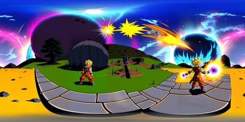 Epic showdown, Planet Namek ruins, glaring Saiyan auras, Goku's Super Saiyan form, Vegeta's ruthless gaze, colossal energy spheres, VR360 vibrant, anime-style, Dragon Ball Z artistry, detailed, dynamic poses, exaggerated, explosive energy effects, clear, high-resolution, VR360 Dragon Ball spectacle.
