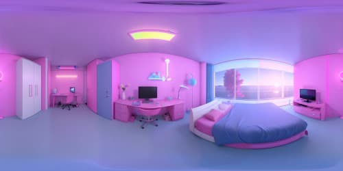 VR360 ultra high-res, neon pink hues illuminating bedroom. Holographically textured bed, masterpiece quality. Realism style desk, flush with matching computer, pink sheen. Optimal detail plushies, dominant pink. Hyperrealistic VR360 scene, bathed in monochromatic pink.