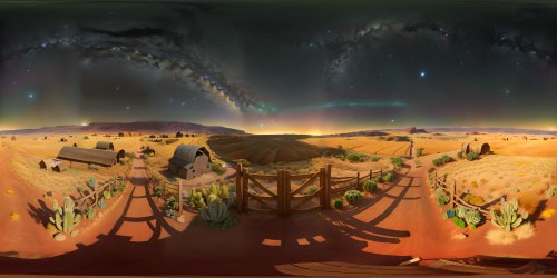 Cowboy hats adorning fence posts, worn leather saddles on barn walls, VR360 view of golden wheat fields stretching beyond. Majestic sunburnt mesa, river slicing through the landscape, undisclosed western ranch. Cacti silhouettes, tumbleweeds rolling in intermittent gusts. VR360 starry sky view, vibrant Milky Way. Pixar-style, ultra high-res, painterly