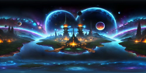 Ultra-high res VR360 experience, masterfully crafted settings. Glorious interstellar nebulae, galaxies hanging, dwarf stars twinkling. Polished, luminous, awe-inspiring cosmic panorama. Combination of surreal art, digital painting techniques. Precision detailing, VR360 view unbroken, mesmerizing.