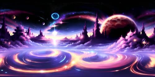 VR360 ultra-high resolution, grand-scale celestial masterpiece, holographic star fields, swirling nebulae, vibrant galaxies, twinkling constellations, luminous cosmic streaks. Style: hyper-realistic, intricate detailing, awe-inspiring.