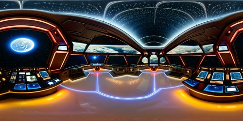 Within the command center of the Battlestar Galactica spaceship, intricate control panels gleam under vibrant holographic displays, casting a soft glow over the polished surfaces, intricate lighting, and complex control stations, every detail crystal clear in Ultra High-Resolution glory.