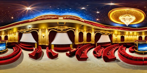 Luxurious and opulent cinema sala, adorned with plush velvet seating, intricately detailed golden trim, crystal chandeliers, elegantly arched ceilings, and a massive high-definition screen displaying flawless imagery in ultra high resolution.