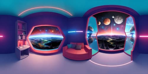 A futuristic room in a spaceship with floor to ceiling windows overlooking a new star exploding, red and blue ambient lighting, dark theme, space, ultra detailed, award winning design, high contrast