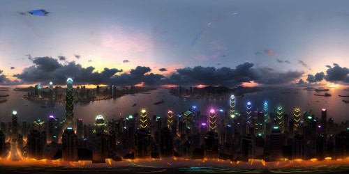 Hong Kong's dazzling cityscape, VR360 view, superior resolution. Skyline silhouette, towering skyscrapers, glowing neon lights. Harbor reflections, star-speckled cosmos above. Pixaresque styling, 3D depth, vibrantly colored, high contrast. Optimized VR360 perspective, ultra-detailed, photorealism fused with digital painting.