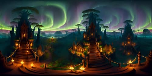 VR360 view of an enchanting forest, elfin village subtly woven into lush foliage, highest resolution. Nordic landscape under magnificent aurora borealis, expansive star-studded sky. Masterpiece in ultra-high quality, VR360 display.