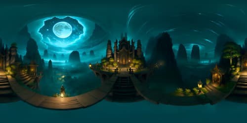 Masterpiece, Ultra-high-resolution VR360, Demon Slayer inspired environment, dense bamboo forest, misty ambiance, moonlit night sky, towering mountain range in backdrop, evoking nostalgia. Digitally painted, anime style visuals, enriched VR360 perspective.