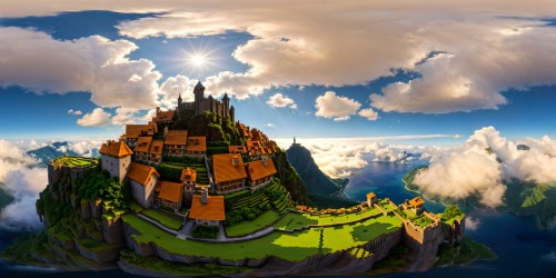 A flawlessly detailed, ultra high-resolution rendering of a sprawling Minecraft village, encompassing vibrant pixelated houses, winding cobblestone paths, lush green gardens, bustling villagers, towering windmills, and a majestic castle under a bright, cloud-dappled sky.