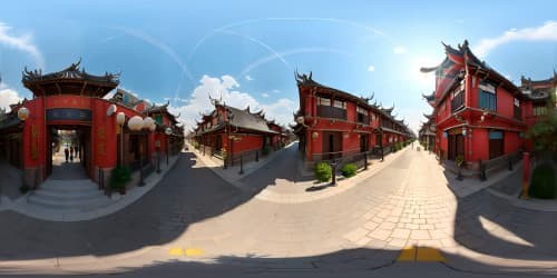 Ultra-HD, Chang'an ancient street, realism with whimsical touch, VR360 Tang Dynasty cityscape. Elevated skyview, vibrant, culturally diverse architecture. Grand, sprawling urban vista, color intensity heightened, VR360 allure.