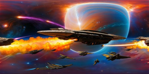 An epic galactic space battle with vibrant laser beams slicing through fleets of colossal ships akin to Star Wars or Star Trek, set against a backdrop of swirling nebulas and distant quasars, rendered in flawless ultra-high resolution detail, a monumental masterpiece of interstellar warfare.