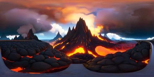 Hotman-inspired VR360 scene: colossal, magma-like cityscape, luminescent lava rivers, billowing steam clouds. VR headset element: sleek, metallic, gilded detail, anime style. Fusion of hyperrealism, anime aesthetics. Dramatic color contrasts, dynamic VR360 perspective.