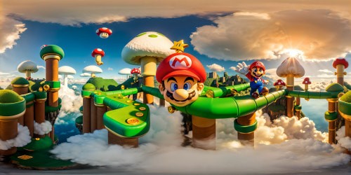 Vibrant, immersive Super Mario world with iconic green pipes, floating question blocks, towering colorful mushroom platforms, pixelated clouds, golden coins suspended mid-air, flawless, highly detailed, 8K resolution, digital extravaganza.