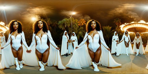 Four daunting African American sorceresses cloaked in white leotards and high boots, exuding a malevolent aura on the enchanting Ile au Bonbon, with flawless details and unrivaled ultra-high resolution capturing their wicked essence perfectly.