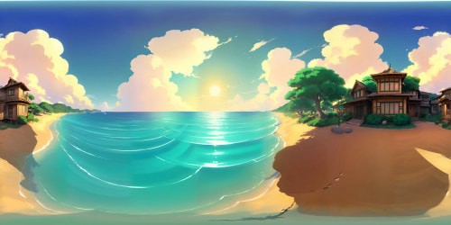 Exclude mens' presence. VR360 panoramic sunset beach view, kaleidoscope of colors, sun sinking into turquoise sea, soft pastel clouds, breath-taking ultra-high resolution masterpiece. Pixar-style fine sand, palm shadows, calm sea ripples, minimalist foreground. VR360 beach serenity, tranquil solitude, high immersion.