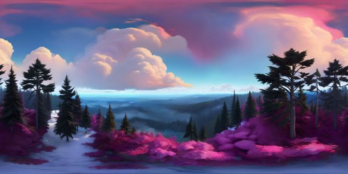 Unearthly forest, VR360, brushstroke realism, gargantuan treetops, pristine. Pastel color palette, ultra high-res detail, glistening dew. Transcendent atmospherics in VR360 landscape, ethereal cloudscape. Sky, swirling watercolor wash of pinks, blues, purples, masterpiece quality. VR360 view of endless horizon, speckled daylight.