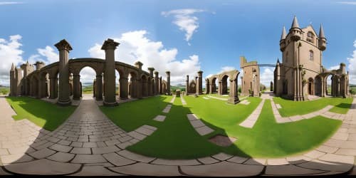 complete view of ancient scottish city with towers with recuring celtic knot design