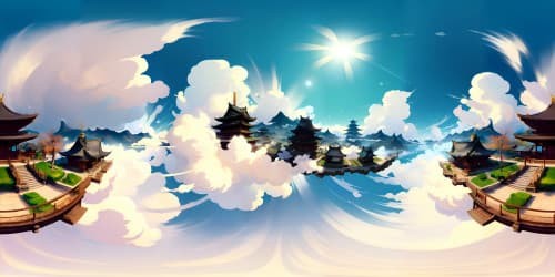 Ultra high-resolution VR360, Japanese temple floating on fluffy white clouds in center of view, opulent blues and bright sunshine. Expansive sky scene, midday lighting, painterly style, VR360 marvel.