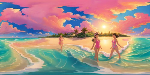 At a flawless beach setting, two girls are seen wearing vibrant pink swimsuits, the scene captured in ultra-high resolution detail, showcasing the crystal clear turquoise waters, pristine golden sands, and a pastel sky that reflects off the gentle waves, a stunning masterpiece of coastal serenity.