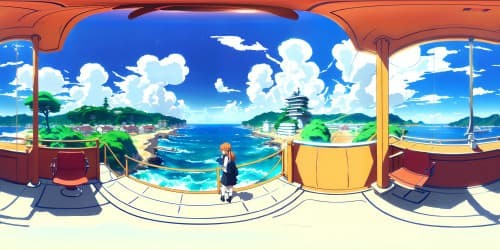 One piece character Nami in LONG ORANGE hair. dark brown eyes.  standing on a big ship can see the front face. SMIING. whole body view. BACKGROUND IS THE OCEAN