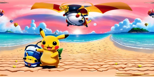 pikachu on a beach,blue sky,charizard flying in the sky