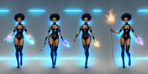 four african american women wearing leotards. they are sorceresses: one has dreadlocks. she is carrying a glowing mace