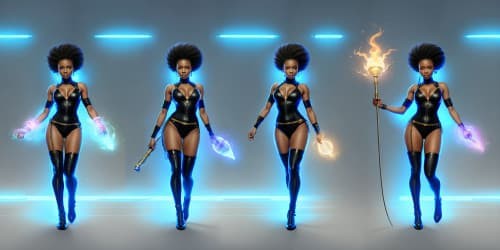 four african american women wearing leotards. they are sorceresses: one has dreadlocks. she is carrying a glowing mace