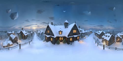 VR360 snow-coated hamlet in 19th-century style, cobblestone textures enhanced, snowflakes adorning rooftops, frost-glazed windows. Lantern highlights, smoky tendrils from chimneys, trees garnished with ice crystals. Pastel-infused VR360 sky, star-speckled horizon. Ultra-high-res, hyperrealist masterpiece, elevated architectural intricacies.