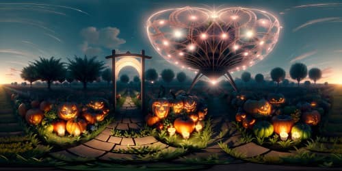 infinite corn field at night with pumpkins and scarecrows viewed from the sky