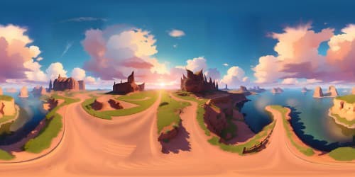 Ultra high-res VR360 view, masterpiece sun setting in the sky, radiance touching the horizon, Touhsant-style digital painting, top-quality detailing, grand sky vista of hues.