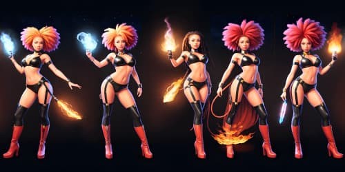 four african american women sorceresses wearing thigh high boots. one is wearing bracelets made of fire. one has dreadlocks.one is wearing a metalic silver bodysuit.one woman is  carrying a large blue hammer with energy bursting from it.