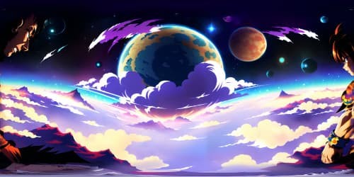 VR360 masterpiece, ultra-high resolution. Grandiose universe backdrop, Dragon Ball-inspired, Goku, Vegeta figures emanating power. Cosmic celestial bodies, vibrant nebulae. Anime style, bold lines, bright colors.