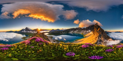 An awe-inspiring, flawless view of a crystal-clear lake reflecting a majestic mountain range, glittering in the golden light of a perfect sunrise, showcasing vibrant wildflowers blooming along the shore.