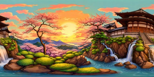 A breathtaking, ultra-high-resolution depiction of Nami Nue's intricate, ancient Japanese temple adorned with vibrant cherry blossoms, cascading waterfalls, tranquil lotus ponds, and misty mountains under a stunning sunset sky, a true masterpiece of beauty and meticulous detail.