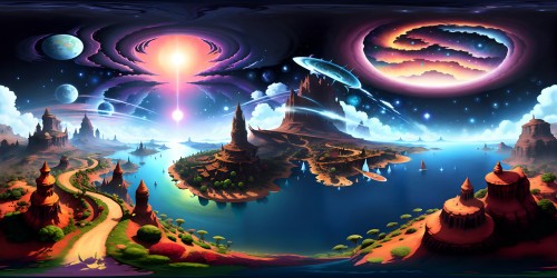 Ultra high-res masterpiece, VR360 spectacle, extensive textural details, iridescent color gradients, surreal art style, shimmering visual elements, idealized sky, painterly clouds, celestial bodies in high-contrast, VR360 visual feast.