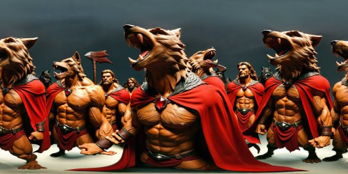 A majestic gathering of anthropomorphic muscular wolfmen, each exuding a sense of friendship, adorned in impeccable red shoulder capes that drape over their powerful pecs and biceps with an ultra-high-resolution, flawless, stunning quality.