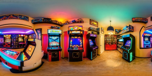 Immaculate 80s inspired boys' room adorned with retro arcade machines, glowing neon lights, posters of action heroes, vibrant pixelated video games, immersive virtual reality setups, and shelves filled with classic collectibles, a flawless and detailed nostalgic masterpiece captured in ultrahigh resolution.