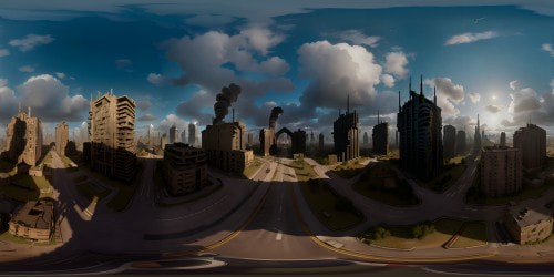 VR360: post-apocalyptic cityscape ruins, fragmented skyscrapers pierce overcast skies, fallen monuments hint at past grandeur. VR360: shambling silhouettes, subtle, ghastly shapes, post-apocalyptic ambience. Style: ultra-high resolution, meticulously detailed, artistic masterpiece.