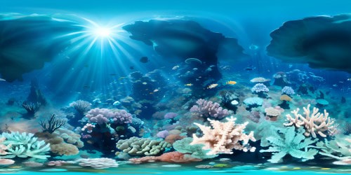 Ocean expansiveness in VR360, ultra high res masterpiece, shimmering water surface, vast underwater canvas for VR360. Aquatic flora, intricate coral formations, softly dappled sunlight, mirage of azure, turquoise hues. Style: photorealism, extreme detailing, undersea ethereal beauty.