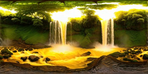 A flawless, ultra-high-resolution depiction of majestic golden waterfalls set against a backdrop of lush greenery, sparkling in the sunlight, casting a golden sheen over the entire scene, a true masterpiece of nature.