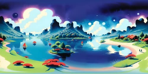 Ultra-high-resolution VR360 masterpiece, bird-inspired silhouettes pirouetting in aquatic ballet, reflected off rippling lake surface. Vibrant watercolor style, subtle brushwork, vibrant color scheme encompassing the entire VR360 vista.