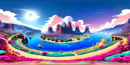 Gavs world transformed, VR360 view: vivid, prismatic hues, crystalline structures, high gloss finish. Ultra-high resolution, masterpiece quality. Pixar-style skies: cotton-candy clouds, magic hour hues. Perfect for immersive VR360 exploration.