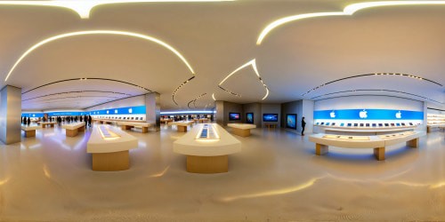 Immaculate Apple store interior gleaming with polished white surfaces, reflecting vibrant products beneath futuristic lighting, a high-tech haven exuding sleek perfection and innovation.