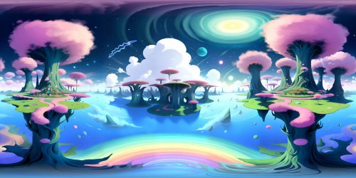 VR360 vista, floating islands on endless starlit ocean, Dali-esque melting clocks dripped over Miyazaki-like fantasy flora. Ultra high res, whimsical trees, swirls of soft haze. Masterpiece collision of surrealism, anime in sky view. Sublime VR360 experience, Dali-Miyazaki fusion.