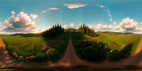 VR360 panoramic view, emerald rolling hills under cobalt sky, drifting cotton-like clouds, pastel-hued sunset. Fusion of ultra-high resolution, Monet's impressionism, golden ratio balance, breathtaking depth, multi-layered color gradients, optimized for VR360 realism.