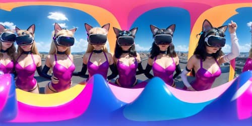 five princesses_wearing pink leotards_one woman has blue eyes_two of the women are blonde_they are squatting_spread_arms behind their heads_close up armpits_ cat ears_pink