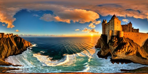 A majestic medieval castle perched atop a rugged cliff overlooking a vast ocean under a fiery sunset, intricate stone towers, crenellations, and weathered walls, draped in golden light, casting long shadows over the churning waves, a flawless, epic scene captured in unprecedented ultra-high resolution detail.