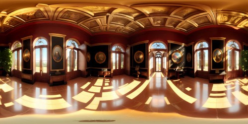 VR360 view, grand art museum setting, high Renaissance art style, chiaroscuro lighting, towering marble columns, intricate filigree adornments, vast domed ceiling, frescoed with ethereal cherubs, gilt-edged artworks, abundant natural light, reflecting off polished marble floors. VR360 ultra-HDR rendering, hyperrealistic details, baroque ornateness, ultimate digital painting finesse.